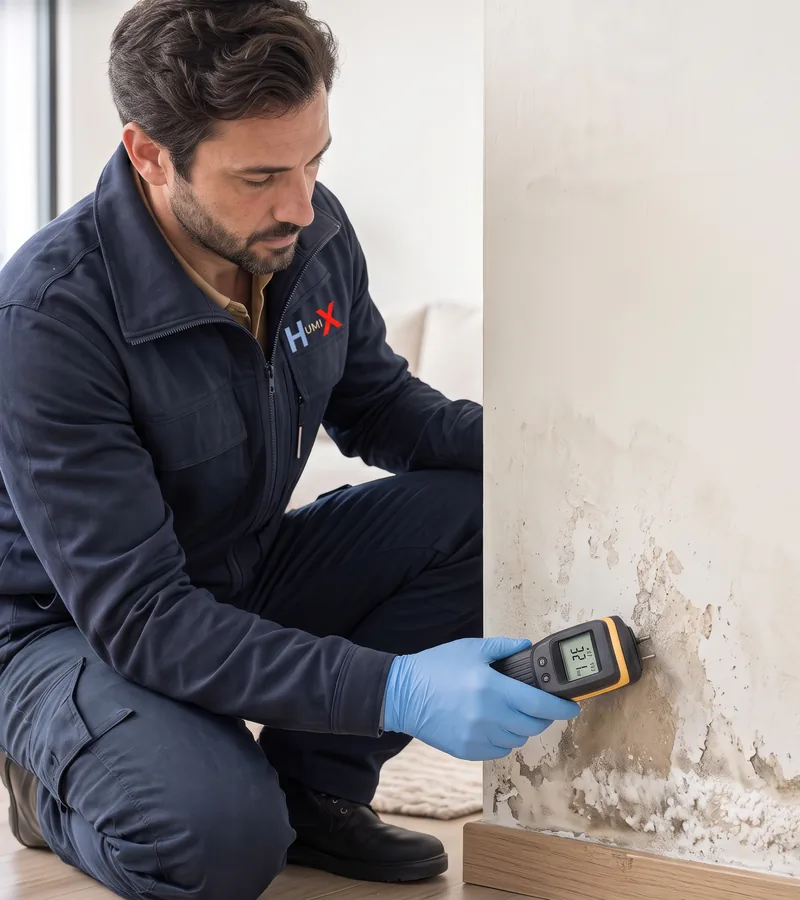 Rising damp and blown plaster at the bottom of a wall in Bury